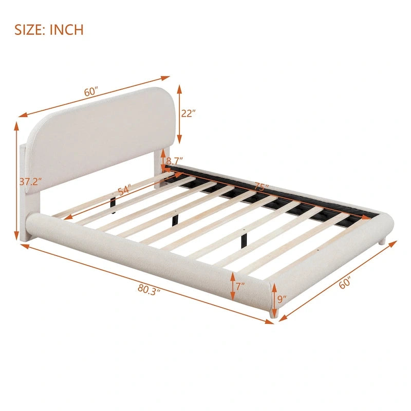 Letto imbottito con piattaforma a dimensione piena, beige/grigio, testiera curva, per 1-2 persone