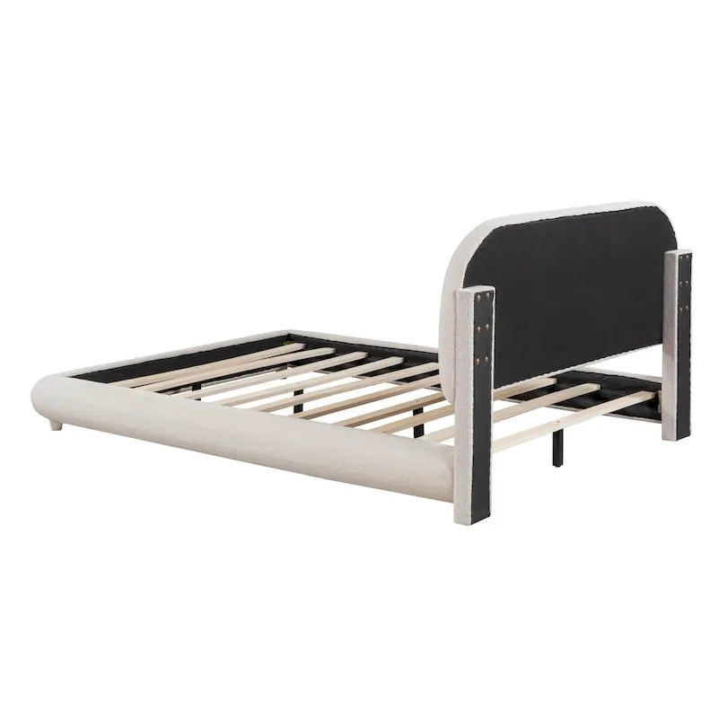 Letto imbottito con piattaforma a dimensione piena, beige/grigio, testiera curva, per 1-2 persone