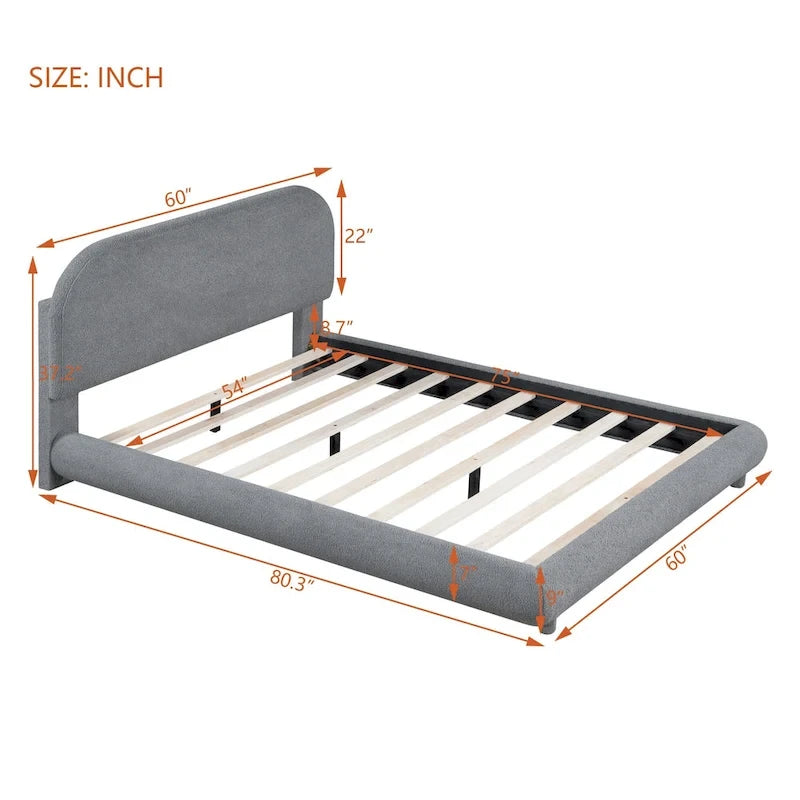 Letto imbottito con piattaforma a dimensione piena, beige/grigio, testiera curva, per 1-2 persone