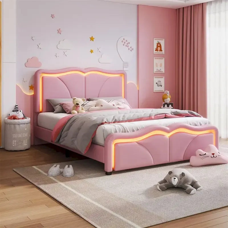 Letto matrimoniale con piattaforma in velluto curvo rosa/bianco con LED e testiera regolabile, 1 persona