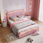 Letto matrimoniale con piattaforma in velluto curvo rosa/bianco con LED e testiera regolabile, 1 persona