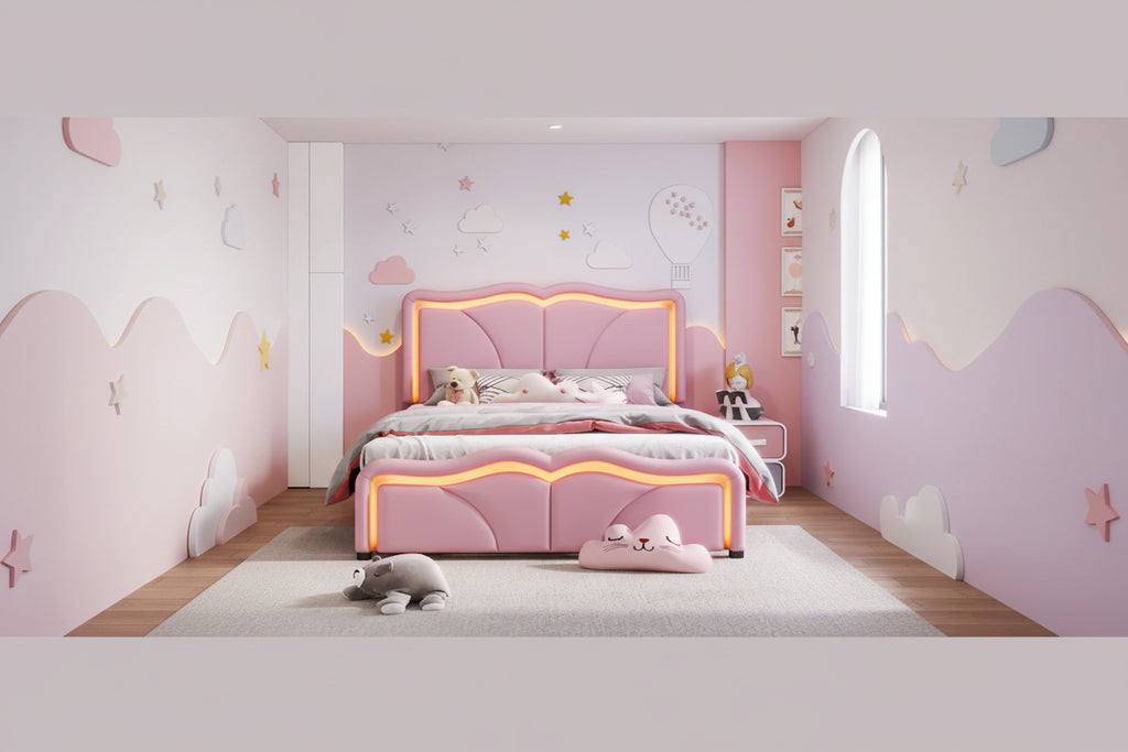 Letto matrimoniale con piattaforma in velluto curvo rosa/bianco con LED e testiera regolabile, 1 persona