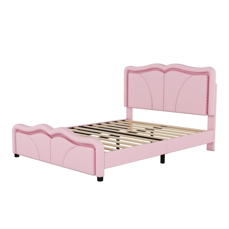 Letto matrimoniale con piattaforma in velluto curvo rosa/bianco con LED e testiera regolabile, 1 persona