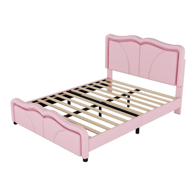 Letto matrimoniale con piattaforma in velluto curvo rosa/bianco con LED e testiera regolabile, 1 persona