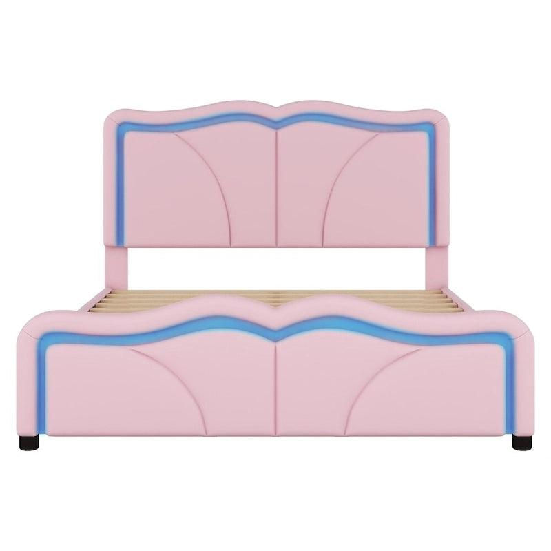 Letto matrimoniale con piattaforma in velluto curvo rosa/bianco con LED e testiera regolabile, 1 persona