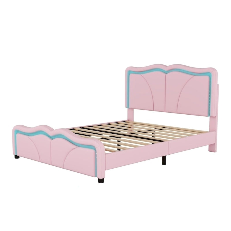 Letto matrimoniale con piattaforma in velluto curvo rosa/bianco con LED e testiera regolabile, 1 persona