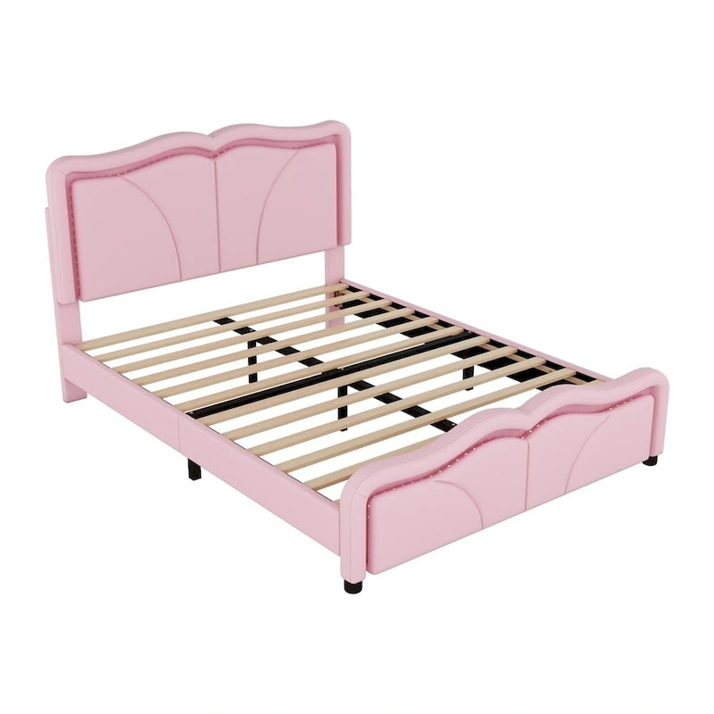Letto matrimoniale con piattaforma in velluto curvo rosa/bianco con LED e testiera regolabile, 1 persona