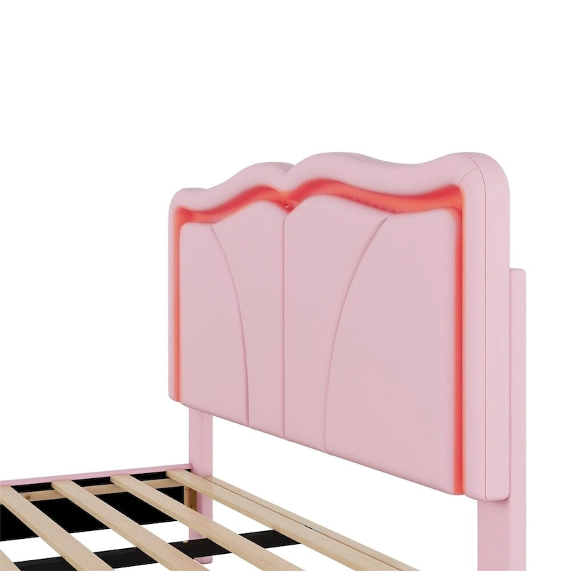Letto matrimoniale con piattaforma in velluto curvo rosa/bianco con LED e testiera regolabile, 1 persona