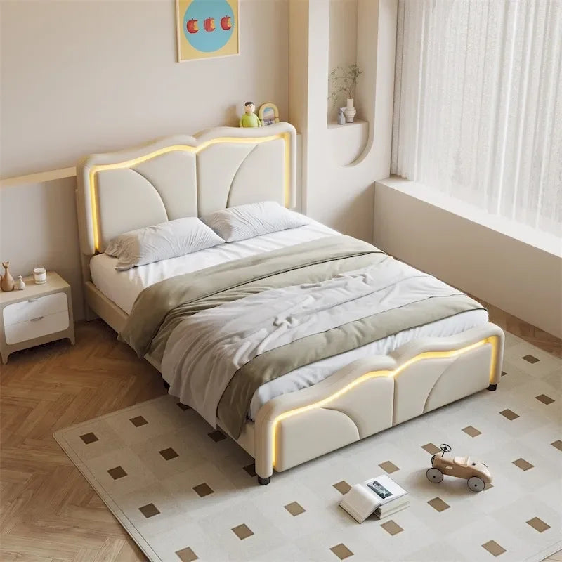 Letto matrimoniale con piattaforma in velluto curvo rosa/bianco con LED e testiera regolabile, 1 persona