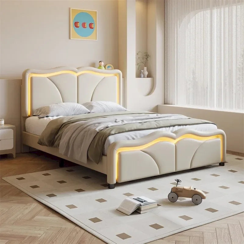 Letto matrimoniale con piattaforma in velluto curvo rosa/bianco con LED e testiera regolabile, 1 persona