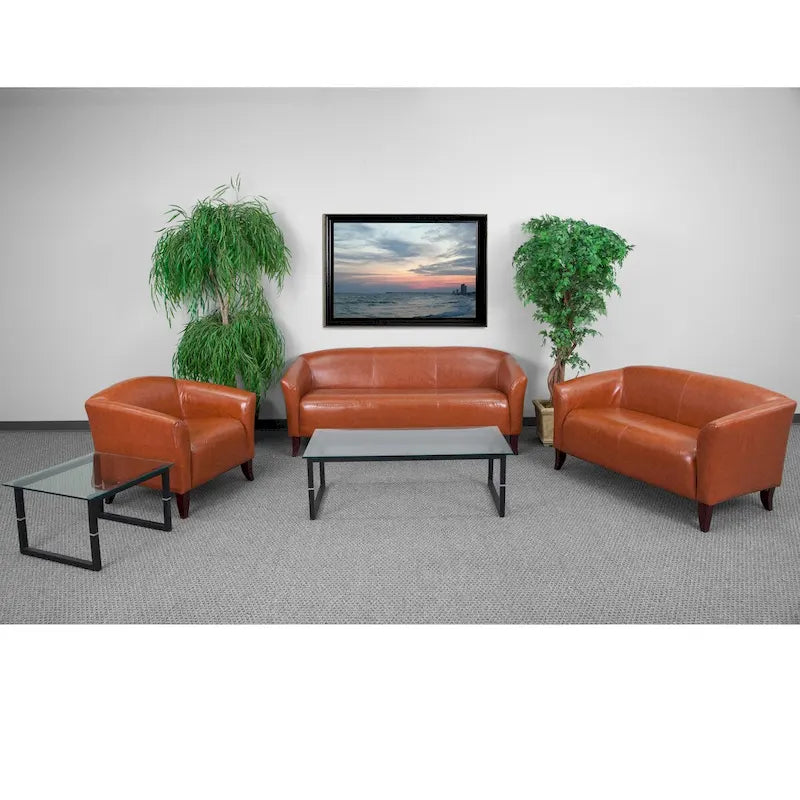 Set divani da reception in pelle morbida, braccioli inclinati, piedini in legno – Nero / Marrone / Bianco / Cognac, da 1 a 3 posti