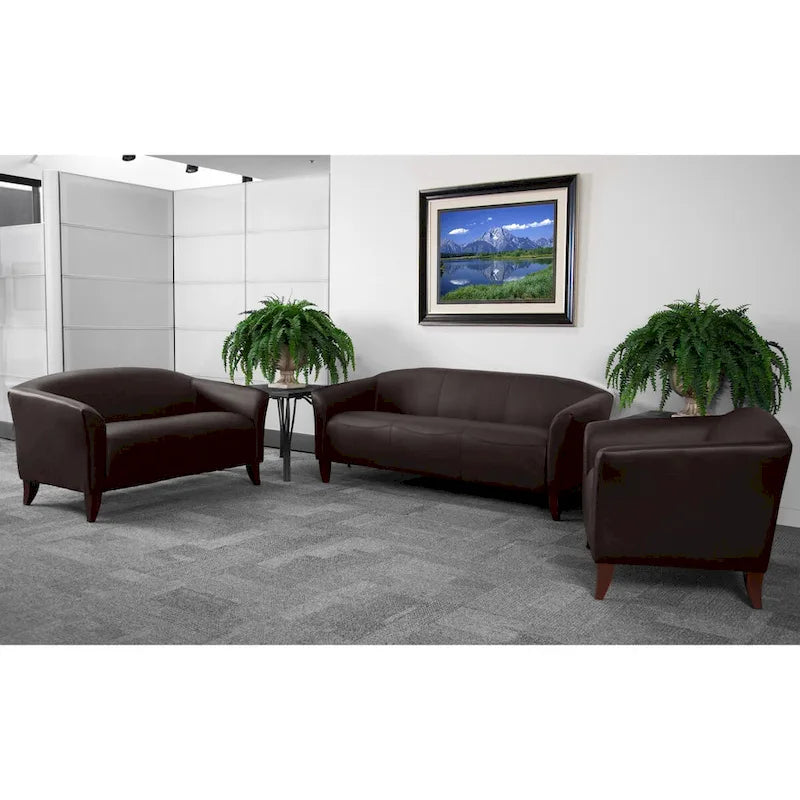 Set divani da reception in pelle morbida, braccioli inclinati, piedini in legno – Nero / Marrone / Bianco / Cognac, da 1 a 3 posti