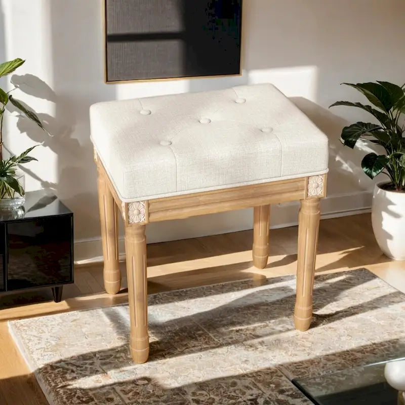 Sgabello vintage trapuntato grigio/beige, sedile imbottito, struttura in legno, 1 posto