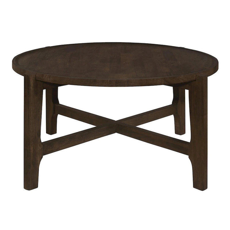 Tavolino da caffè rotondo in legno marrone scuro per 1, gambe a X