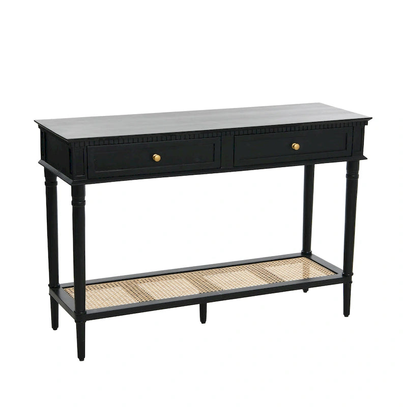 Consolle noce/nero/bianco con ripiano in canna, 2 cassetti, montaggio da 1 persona