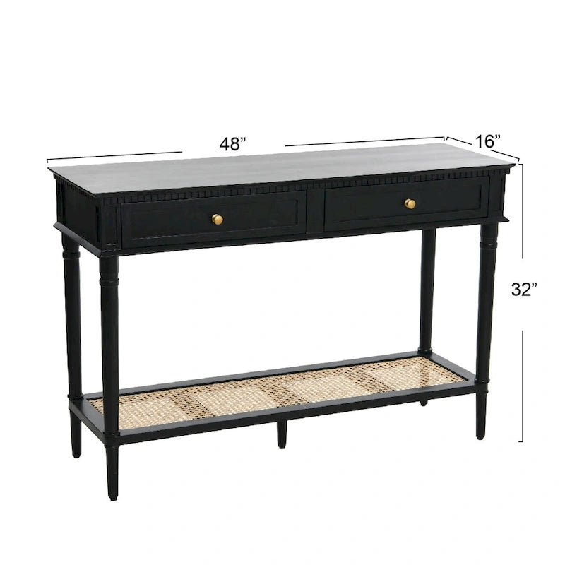 Consolle noce/nero/bianco con ripiano in canna, 2 cassetti, montaggio da 1 persona