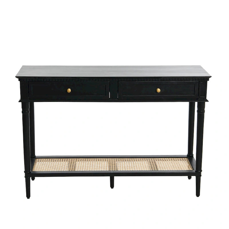 Consolle noce/nero/bianco con ripiano in canna, 2 cassetti, montaggio da 1 persona