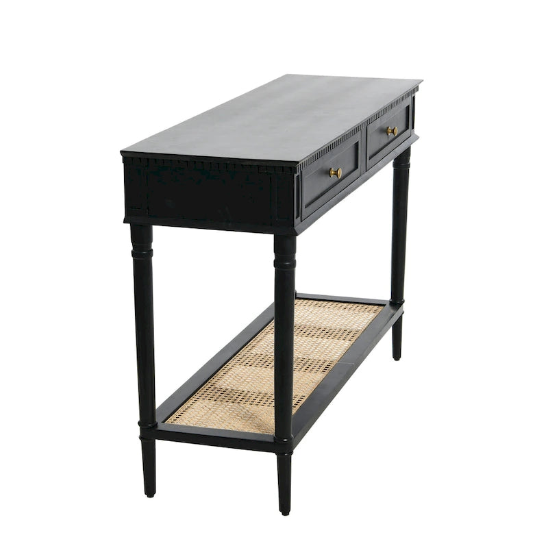 Consolle noce/nero/bianco con ripiano in canna, 2 cassetti, montaggio da 1 persona