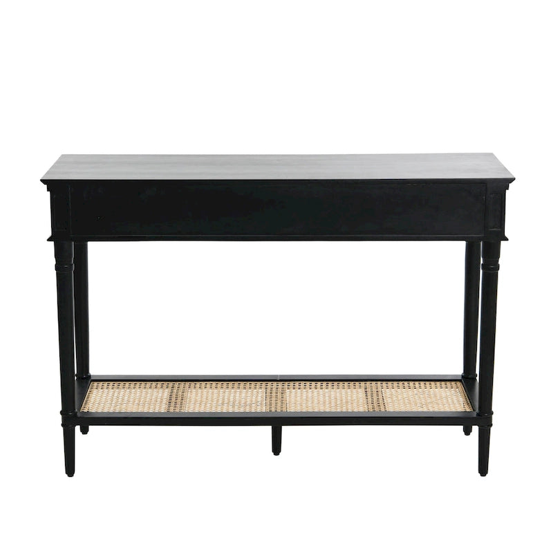 Consolle noce/nero/bianco con ripiano in canna, 2 cassetti, montaggio da 1 persona