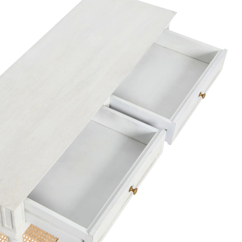 Consolle noce/nero/bianco con ripiano in canna, 2 cassetti, montaggio da 1 persona