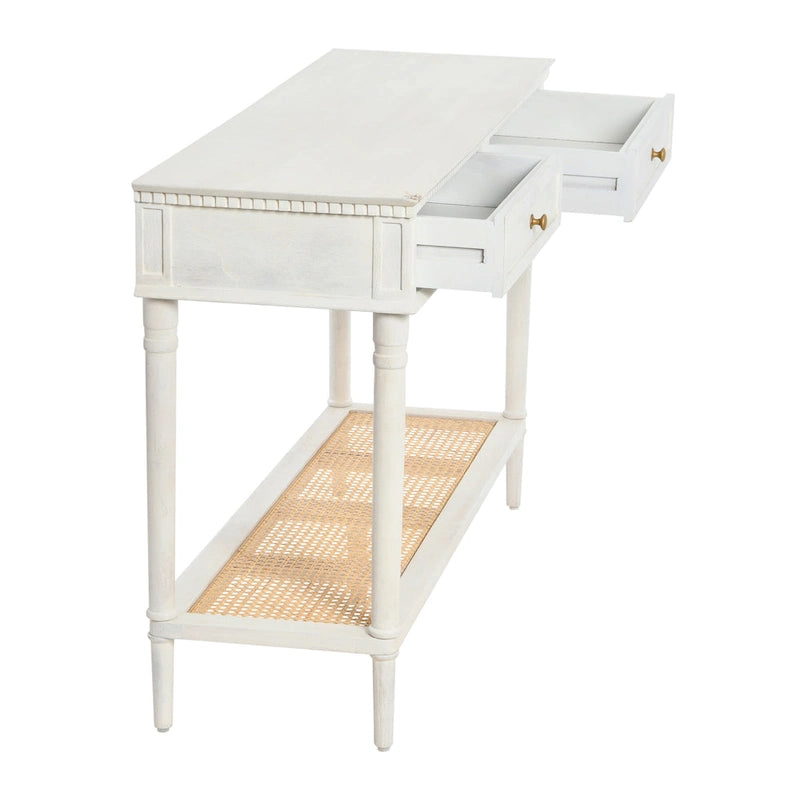 Consolle noce/nero/bianco con ripiano in canna, 2 cassetti, montaggio da 1 persona