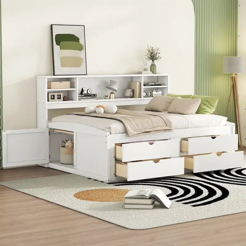 Divano letto full size (135 cm) color espresso / grigio / bianco con armadietti, mensole e 4 cassetti, per 1