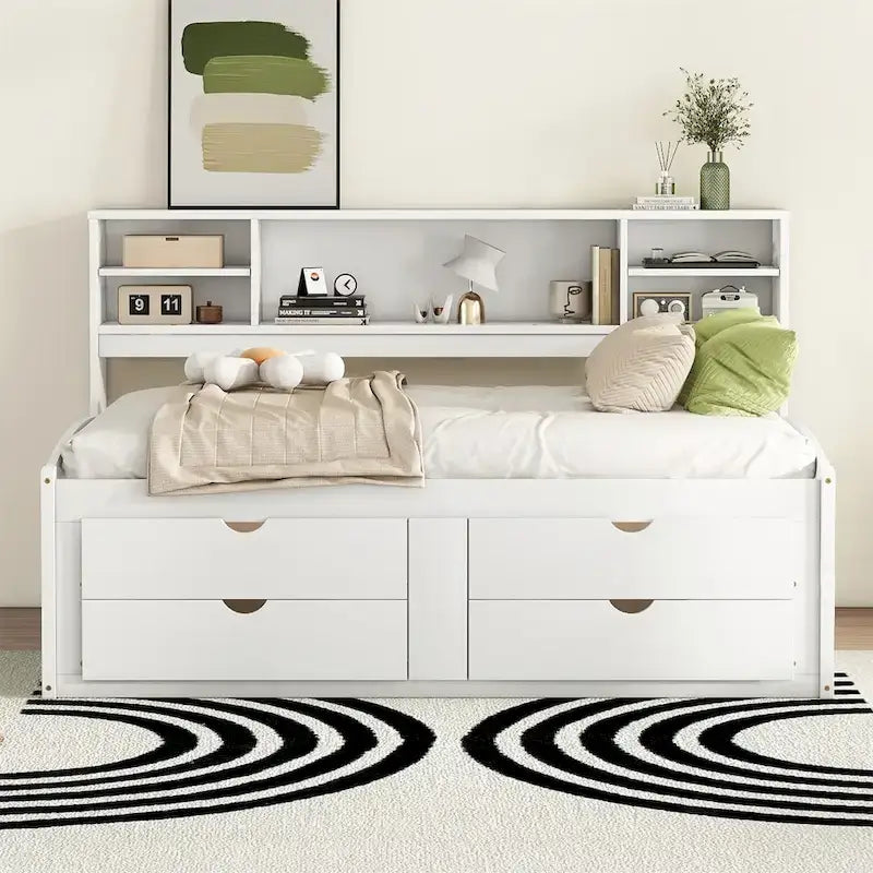 Divano letto full size (135 cm) color espresso / grigio / bianco con armadietti, mensole e 4 cassetti, per 1