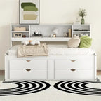 Divano letto full size (135 cm) color espresso / grigio / bianco con armadietti, mensole e 4 cassetti, per 1