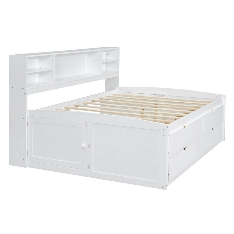 Divano letto full size (135 cm) color espresso / grigio / bianco con armadietti, mensole e 4 cassetti, per 1