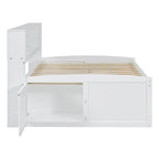 Divano letto full size (135 cm) color espresso / grigio / bianco con armadietti, mensole e 4 cassetti, per 1