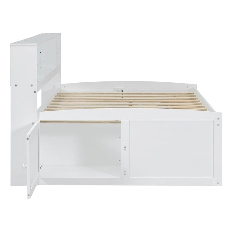 Divano letto full size (135 cm) color espresso / grigio / bianco con armadietti, mensole e 4 cassetti, per 1