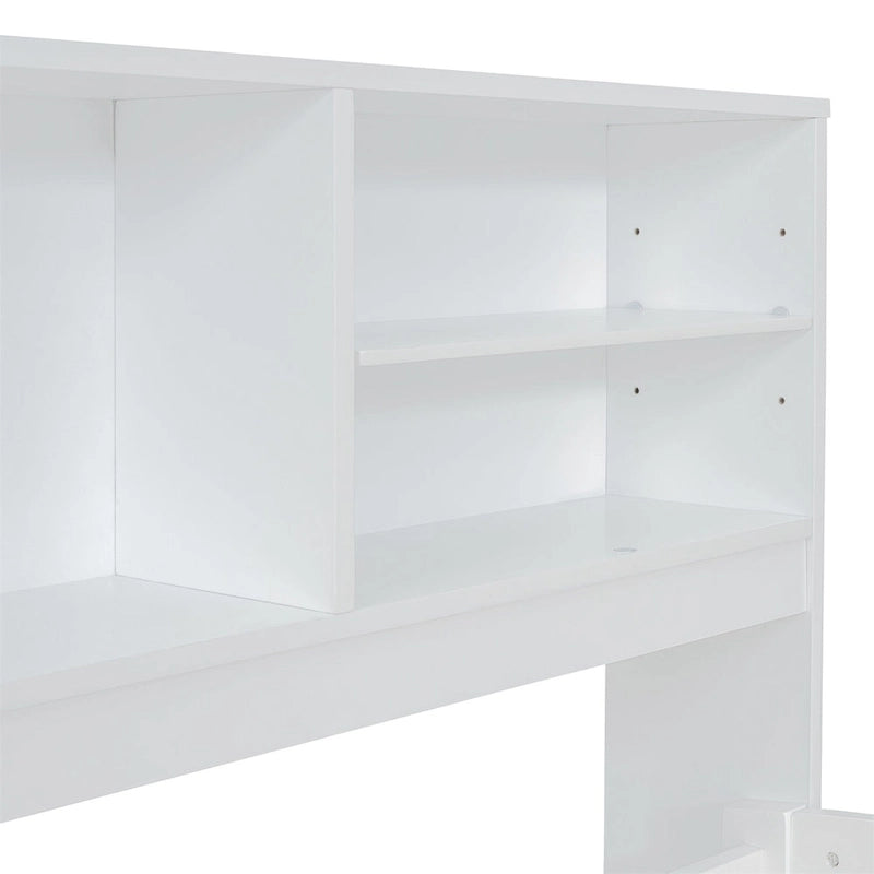 Divano letto full size (135 cm) color espresso / grigio / bianco con armadietti, mensole e 4 cassetti, per 1