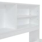 Divano letto full size (135 cm) color espresso / grigio / bianco con armadietti, mensole e 4 cassetti, per 1