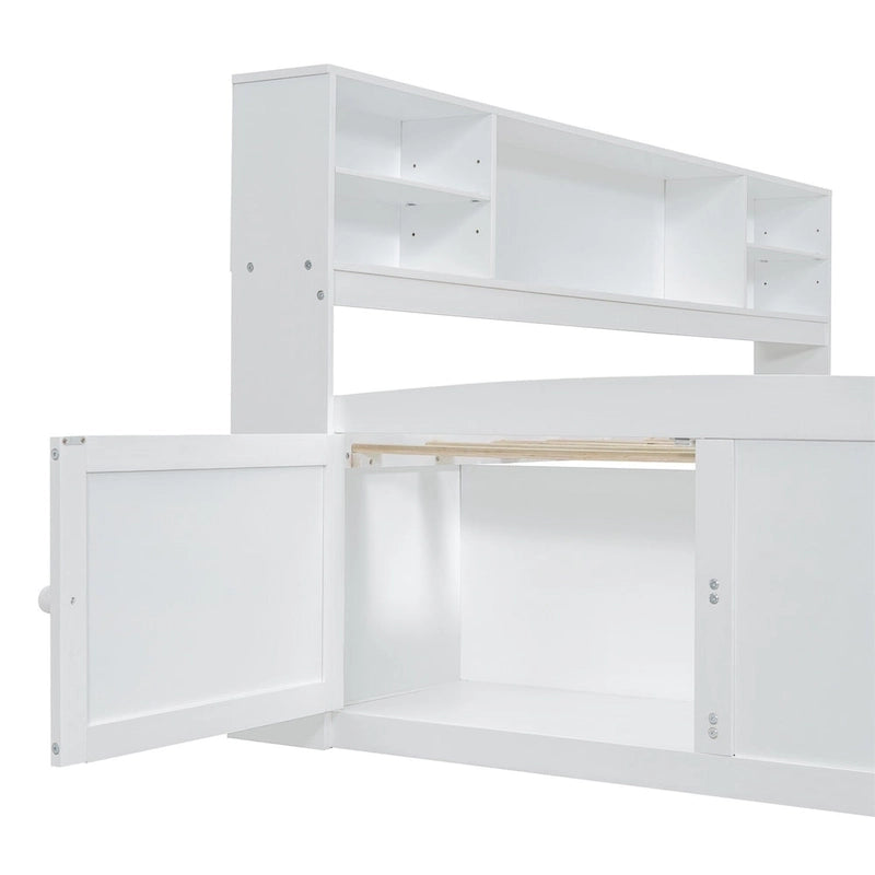Divano letto full size (135 cm) color espresso / grigio / bianco con armadietti, mensole e 4 cassetti, per 1
