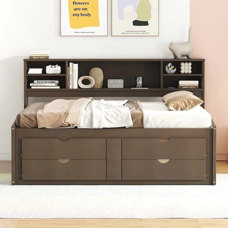 Divano letto full size (135 cm) color espresso / grigio / bianco con armadietti, mensole e 4 cassetti, per 1