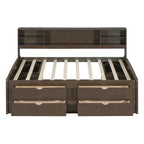 Divano letto full size (135 cm) color espresso / grigio / bianco con armadietti, mensole e 4 cassetti, per 1