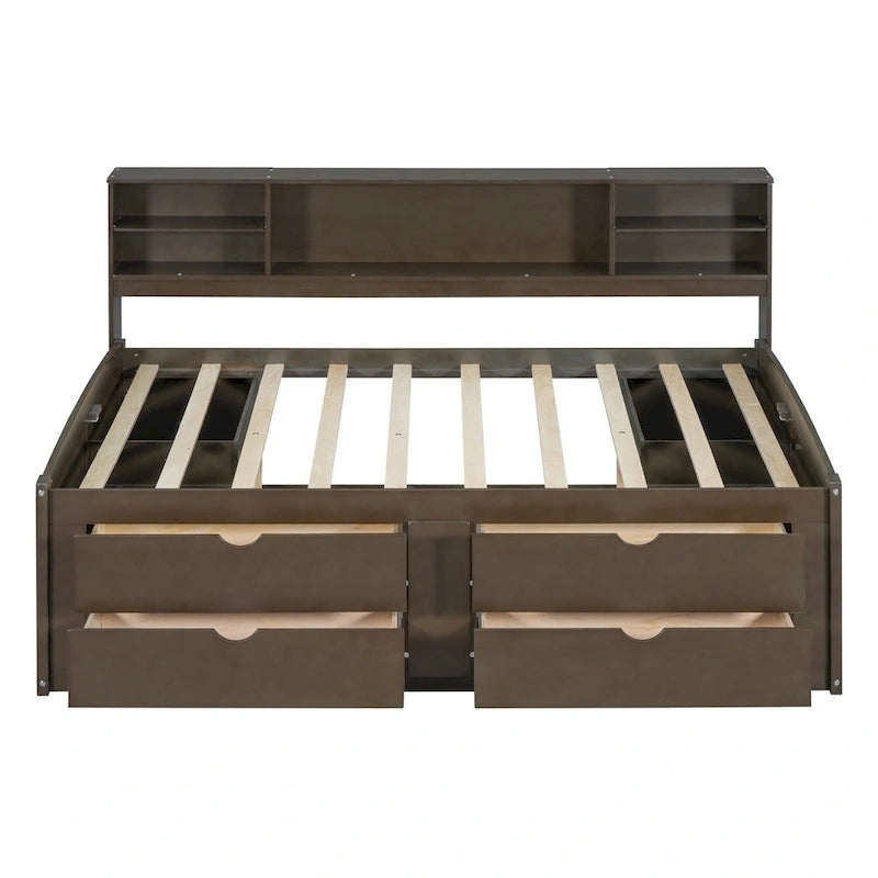 Divano letto full size (135 cm) color espresso / grigio / bianco con armadietti, mensole e 4 cassetti, per 1