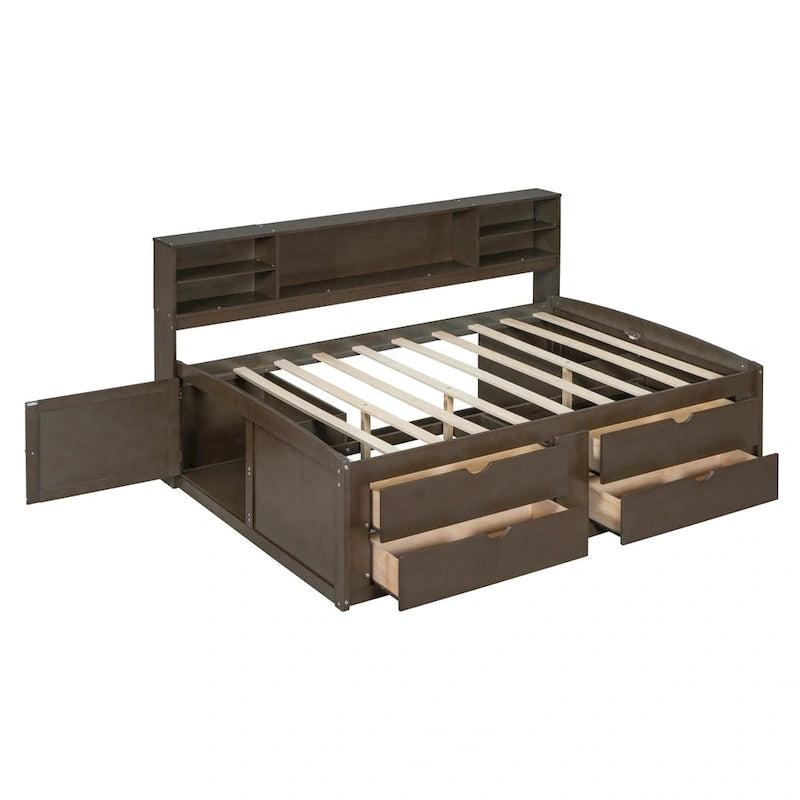 Divano letto full size (135 cm) color espresso / grigio / bianco con armadietti, mensole e 4 cassetti, per 1