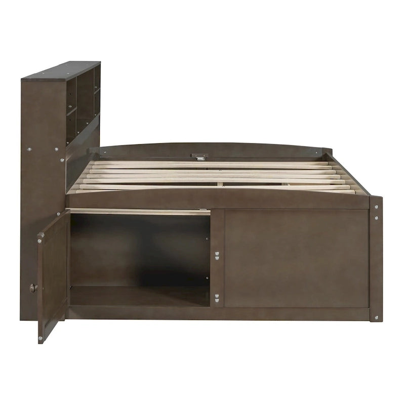 Divano letto full size (135 cm) color espresso / grigio / bianco con armadietti, mensole e 4 cassetti, per 1