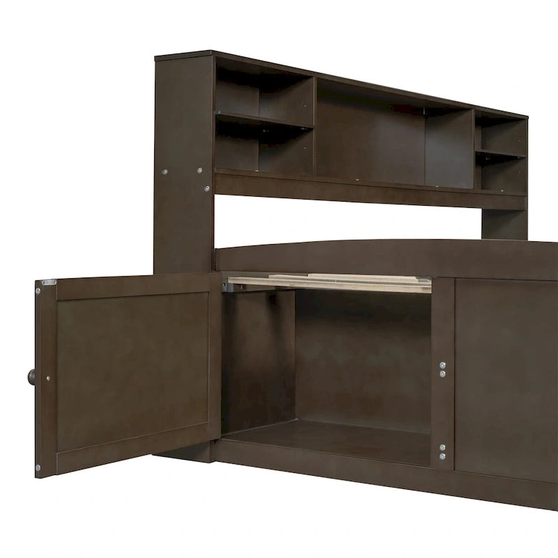 Divano letto full size (135 cm) color espresso / grigio / bianco con armadietti, mensole e 4 cassetti, per 1
