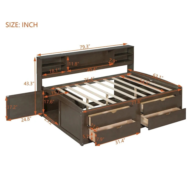 Divano letto full size (135 cm) color espresso / grigio / bianco con armadietti, mensole e 4 cassetti, per 1