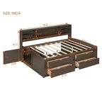 Divano letto full size (135 cm) color espresso / grigio / bianco con armadietti, mensole e 4 cassetti, per 1