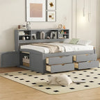 Divano letto full size (135 cm) color espresso / grigio / bianco con armadietti, mensole e 4 cassetti, per 1