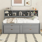 Divano letto full size (135 cm) color espresso / grigio / bianco con armadietti, mensole e 4 cassetti, per 1