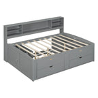 Divano letto full size (135 cm) color espresso / grigio / bianco con armadietti, mensole e 4 cassetti, per 1