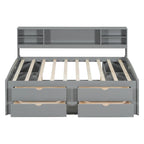 Divano letto full size (135 cm) color espresso / grigio / bianco con armadietti, mensole e 4 cassetti, per 1