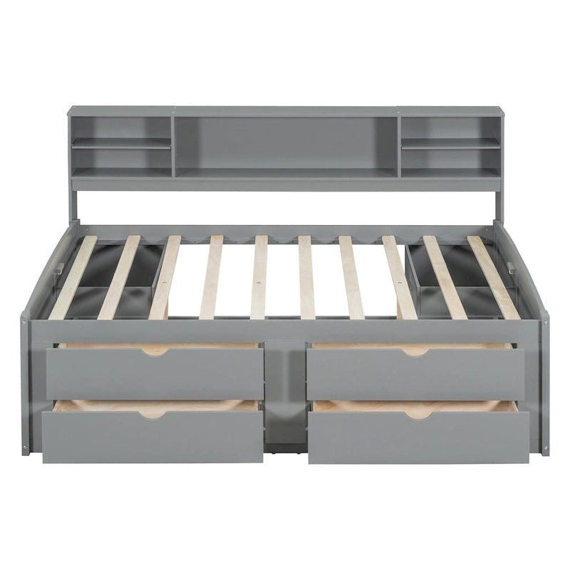 Divano letto full size (135 cm) color espresso / grigio / bianco con armadietti, mensole e 4 cassetti, per 1