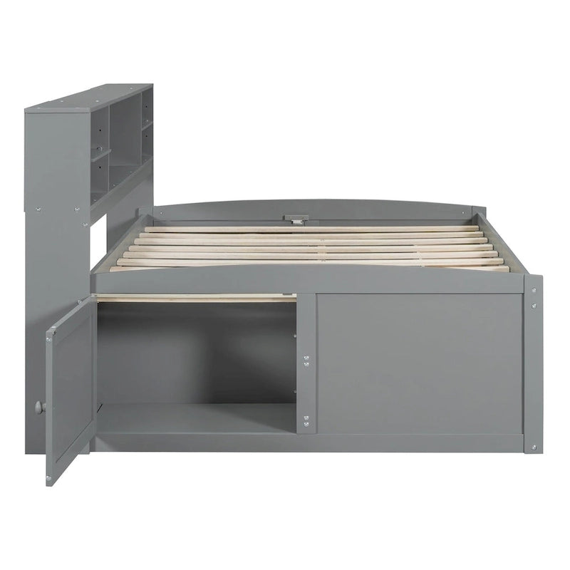Divano letto full size (135 cm) color espresso / grigio / bianco con armadietti, mensole e 4 cassetti, per 1