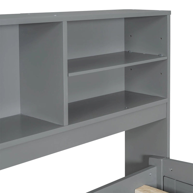 Divano letto full size (135 cm) color espresso / grigio / bianco con armadietti, mensole e 4 cassetti, per 1