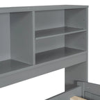 Divano letto full size (135 cm) color espresso / grigio / bianco con armadietti, mensole e 4 cassetti, per 1